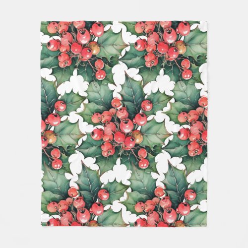 Vintage watercolor holly berries leaves  fleece blanket