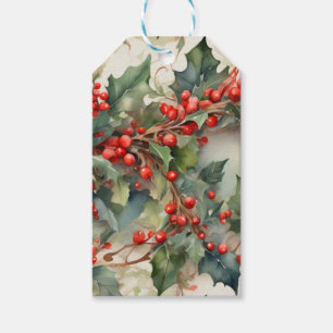 Vintage watercolor holly berries leaves gift tags