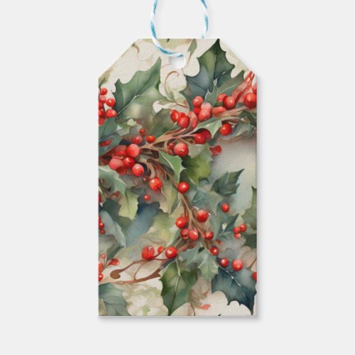 Vintage watercolor holly berries leaves  gift tags
