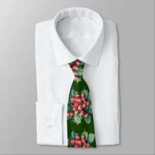 Vintage watercolor holly berries leaves green neck tie