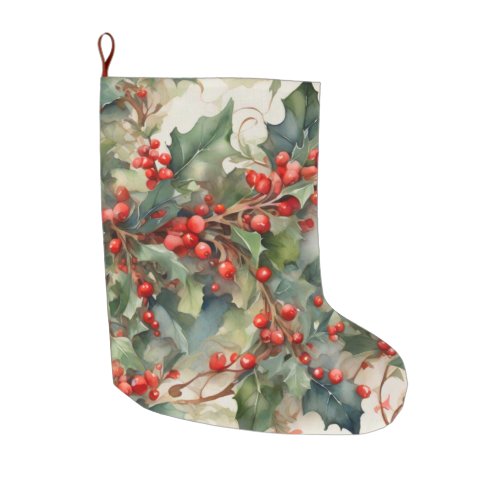 Vintage watercolor holly berries leaves  large christmas stocking