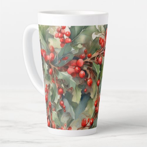 Vintage watercolor holly berries leaves  latte mug