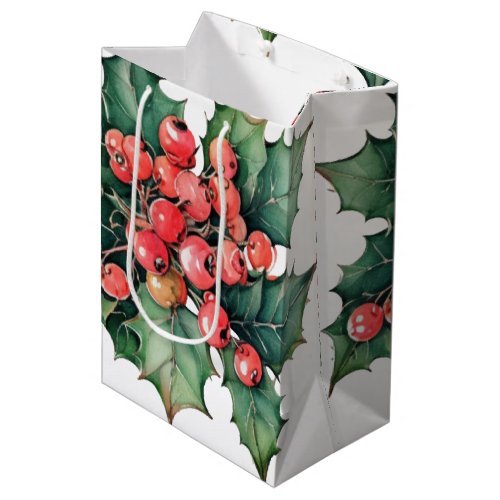 Vintage watercolor holly berries leaves  medium gift bag