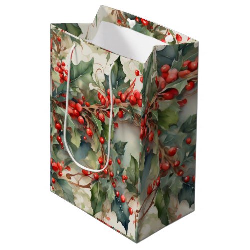 Vintage watercolor holly berries leaves  medium gift bag