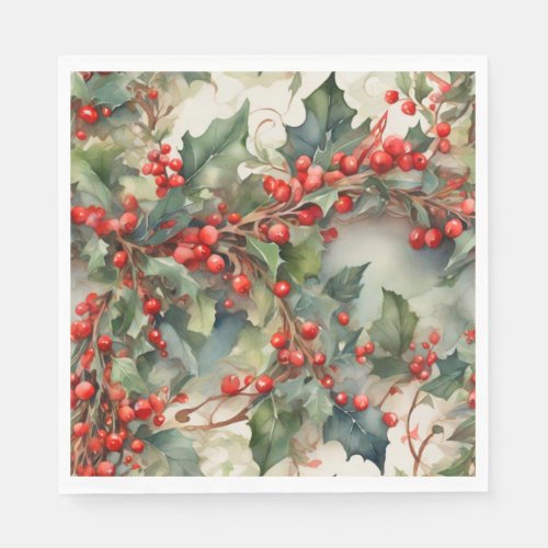 Vintage watercolor holly berries leaves  napkins