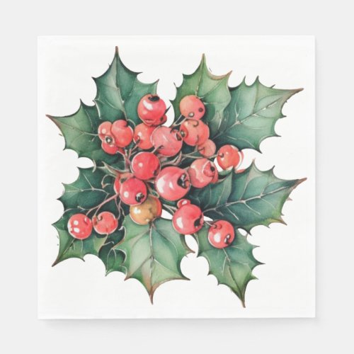 Vintage watercolor holly berries leaves  napkins