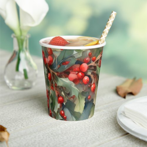 Vintage watercolor holly berries leaves  paper cups
