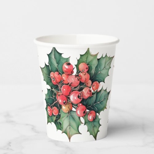 Vintage watercolor holly berries leaves  paper cups