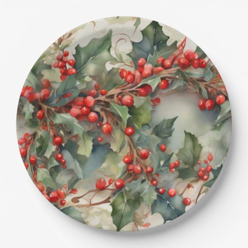 Vintage watercolor holly berries leaves  paper plates