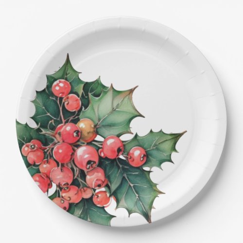 Vintage watercolor holly berries leaves  paper plates