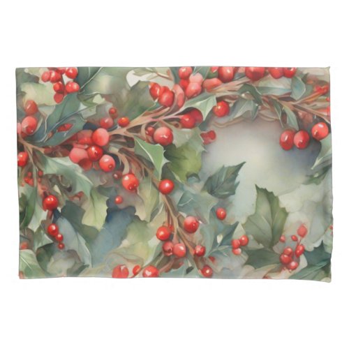 Vintage watercolor holly berries leaves  pillow case