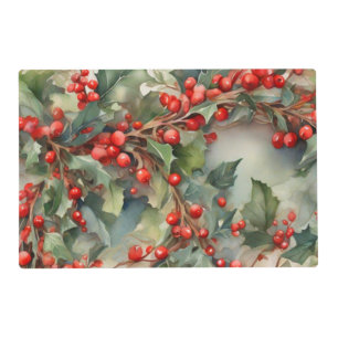 Vintage watercolor holly berries leaves placemat
