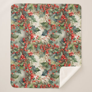 Vintage watercolor holly berries leaves sherpa blanket