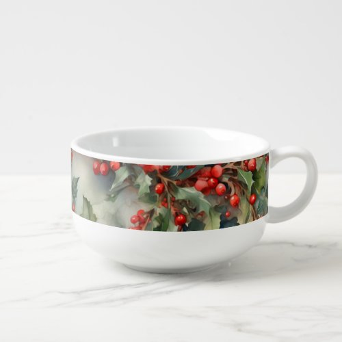 Vintage watercolor holly berries leaves  soup mug