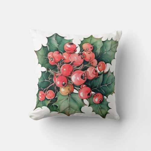 Vintage watercolor holly berries leaves  throw pillow