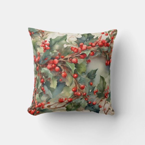 Vintage watercolor holly berries leaves  throw pillow