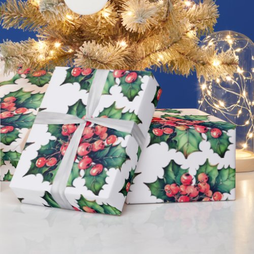 Vintage watercolor holly berries leaves  wrapping paper