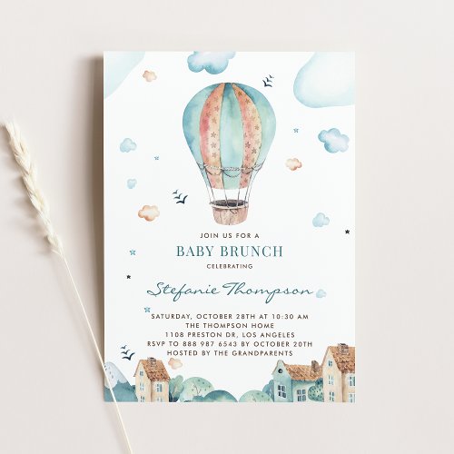 Vintage Watercolor Hot Air Balloon Boy Baby Brunch Invitation