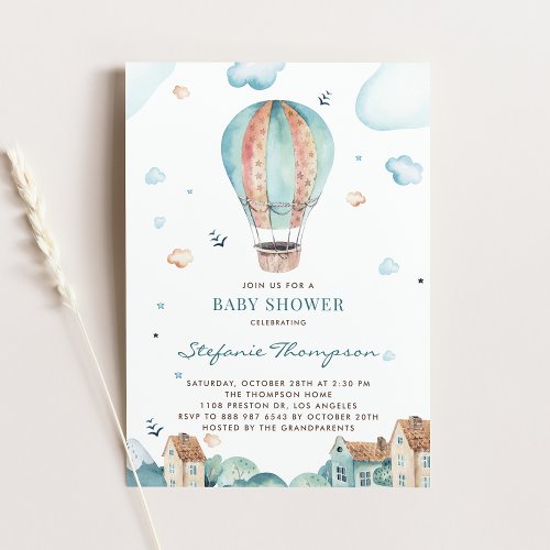 Vintage Watercolor Hot Air Balloon Boy Baby Shower Invitation