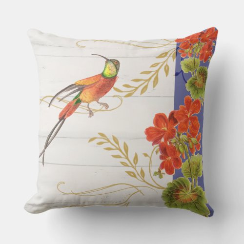 Vintage Watercolor Hummingbird Bird Red Geranium Outdoor Pillow