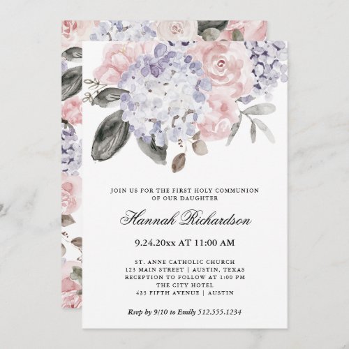 Vintage Watercolor Hydrangea First Holy Communion Invitation