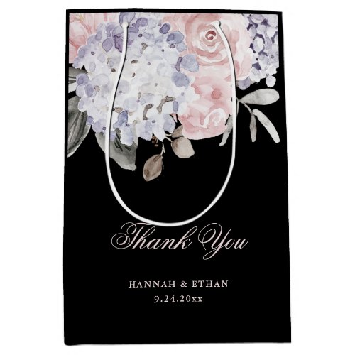 Vintage Watercolor Hydrangea on Black  Wedding Medium Gift Bag