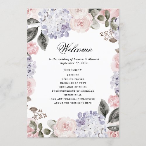 Vintage Watercolor Hydrangeas  Wedding Welcome Program