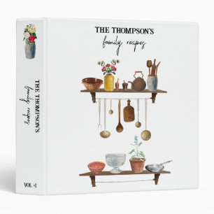 Vintage Watercolor Kitchen Family Recipe Cookbook  3 Ring Binder