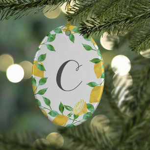 Vintage Watercolor Lemon Initial Ornament
