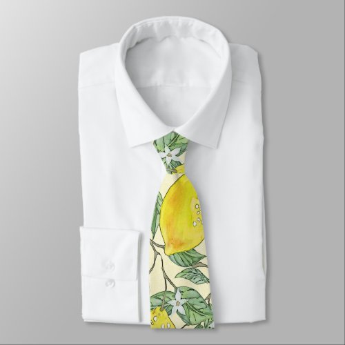 Vintage Watercolor Lemon Tree Summer Pattern Neck Tie