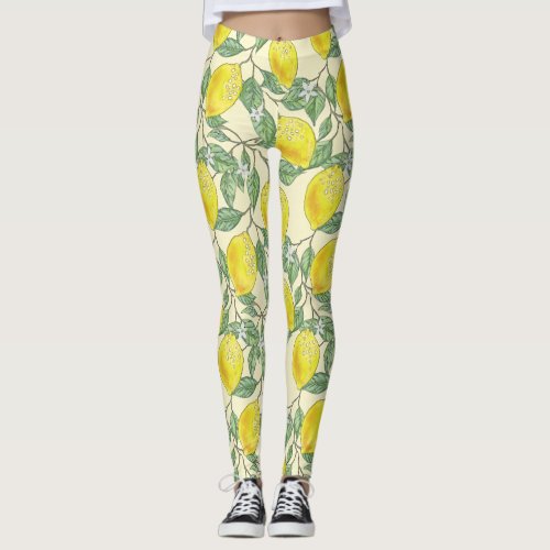 Vintage Watercolor Lemon Tree Tropical Pattern Leggings