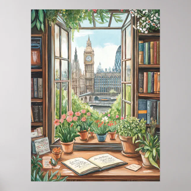 Window Scene Poster Vintage Watercolor London Window Scene Poster | Zazzle