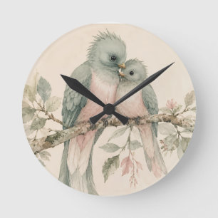 Vintage Watercolor Love Birds Round Clock