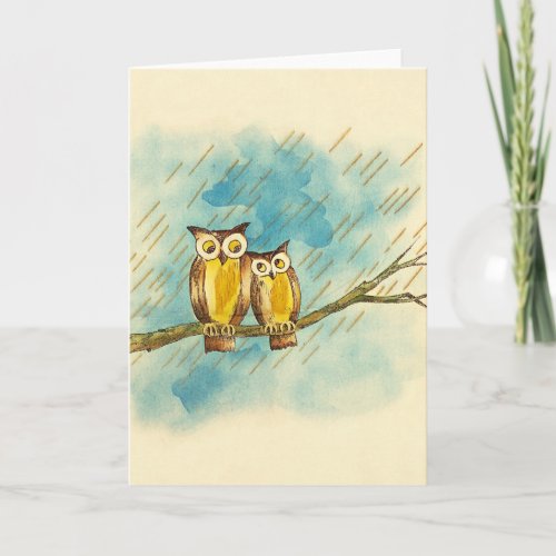 Vintage Watercolor Loving Owl Couple Card