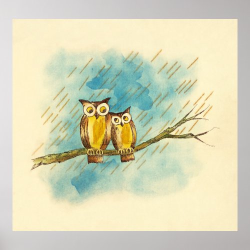 Vintage Watercolor Loving Owl Couple Poster