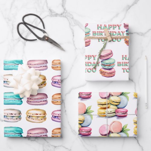  Vintage Watercolor Macaron Cookies Birthday Wrapping Paper Sheets