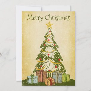 Vintage Watercolor Merry Christmas Tree and Gifts Holiday Card