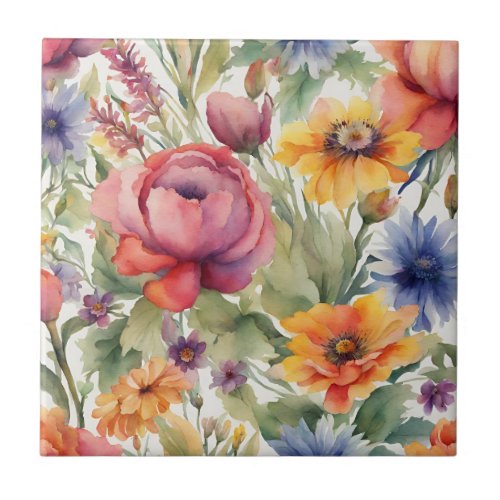 Vintage Watercolor Mixed Flowers in Bloom  Ceramic Tile