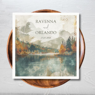 Vintage Watercolor Mountain Lake Fall Wedding Napkins