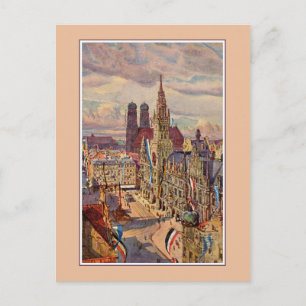 Vintage watercolor Munich Marienplatz Postcard