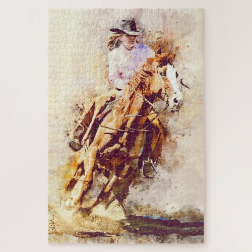 Vintage watercolor of a wild west rodeo cowgirl jigsaw puzzle
