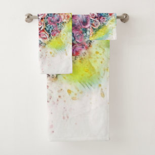 Vintage Watercolor of Colorful Roses Heart Bath Towel Set