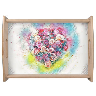 Vintage Watercolor of Colorful Roses Heart Serving Tray