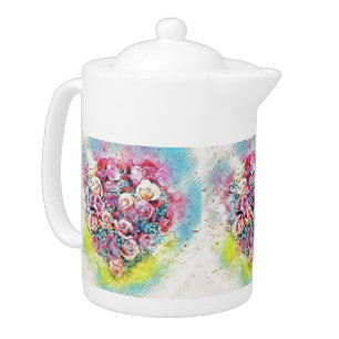 Vintage Watercolor of Colorful Roses Heart Teapot