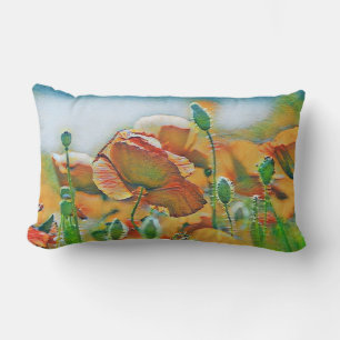 Vintage Watercolor of Orange Green Poppy Flowers Lumbar Pillow
