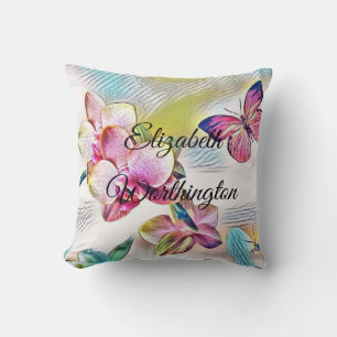 Vintage Watercolor of Pink Red Orchid Flowers  Throw Pillow