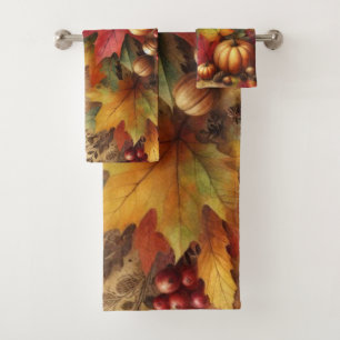 Vintage watercolor of pumpkins and fall leaves bath towel set