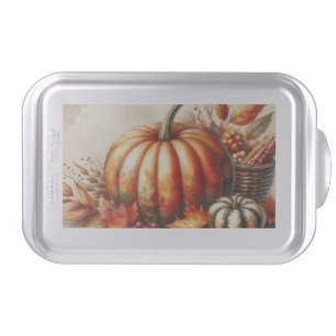 Vintage watercolor of pumpkins and fall leaves cake pan