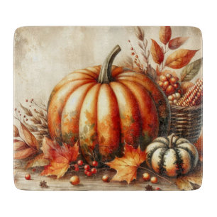 Vintage watercolor of pumpkins and fall leaves cutting board