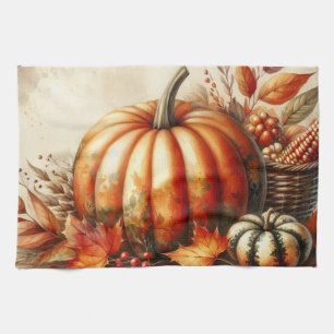 Vintage watercolor of pumpkins and fall leaves kitchen towel